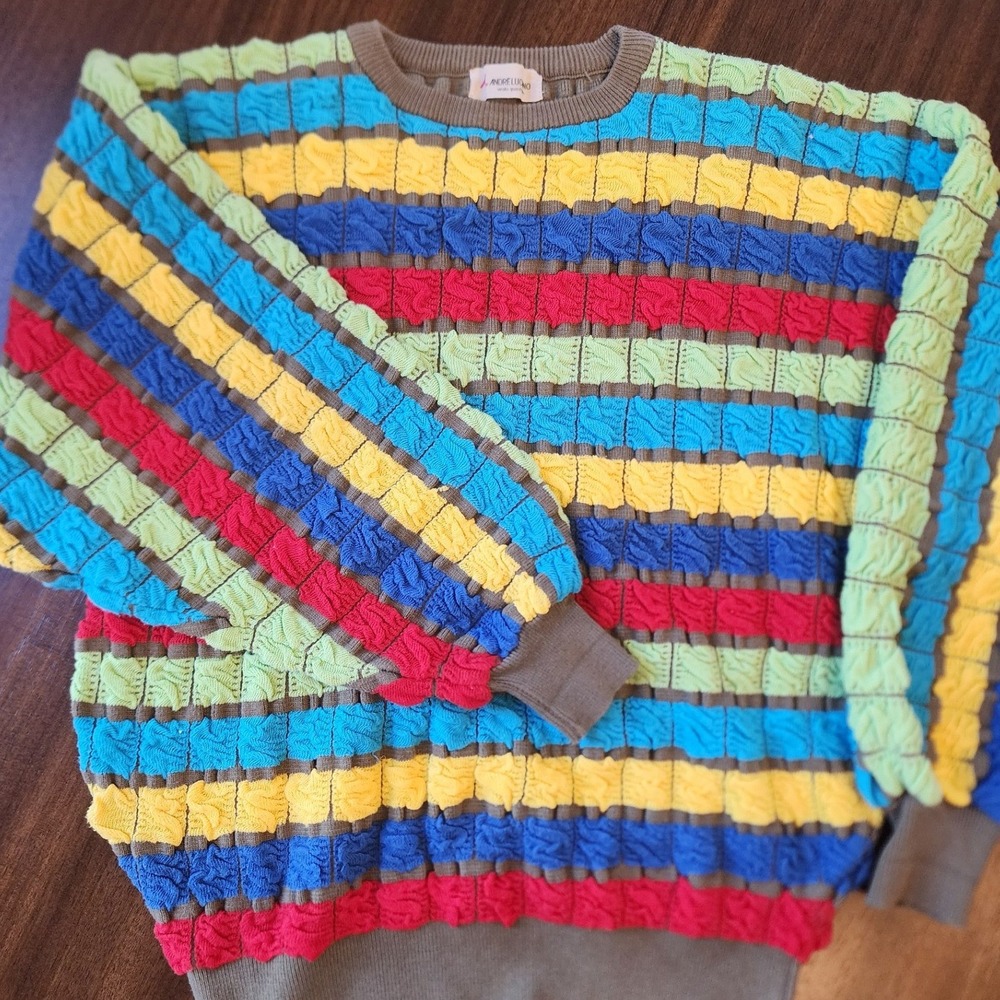 🌈VTG 90s Andre Luciano 3D Textured Knit Stripe Sweater L. Y2K streetwear color